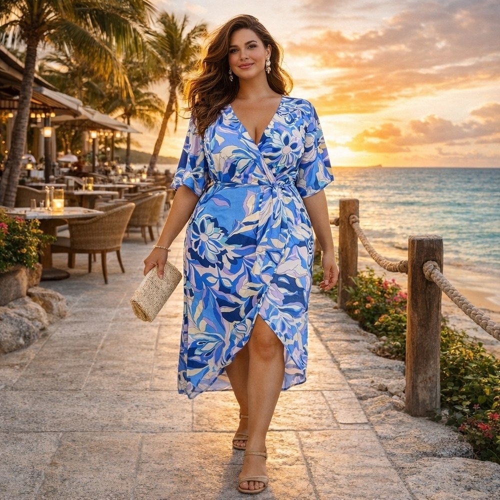 Blue Floral Wrap Midi Dress - Women's Plus Size
